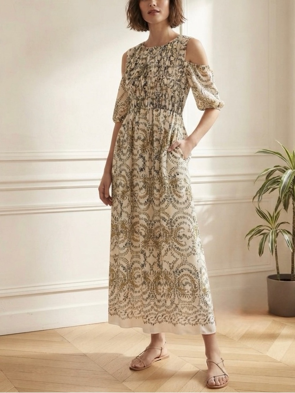 MSSP Max Studio Boho Cold Shoulder Smocked Chiffon Floral Midi Dress